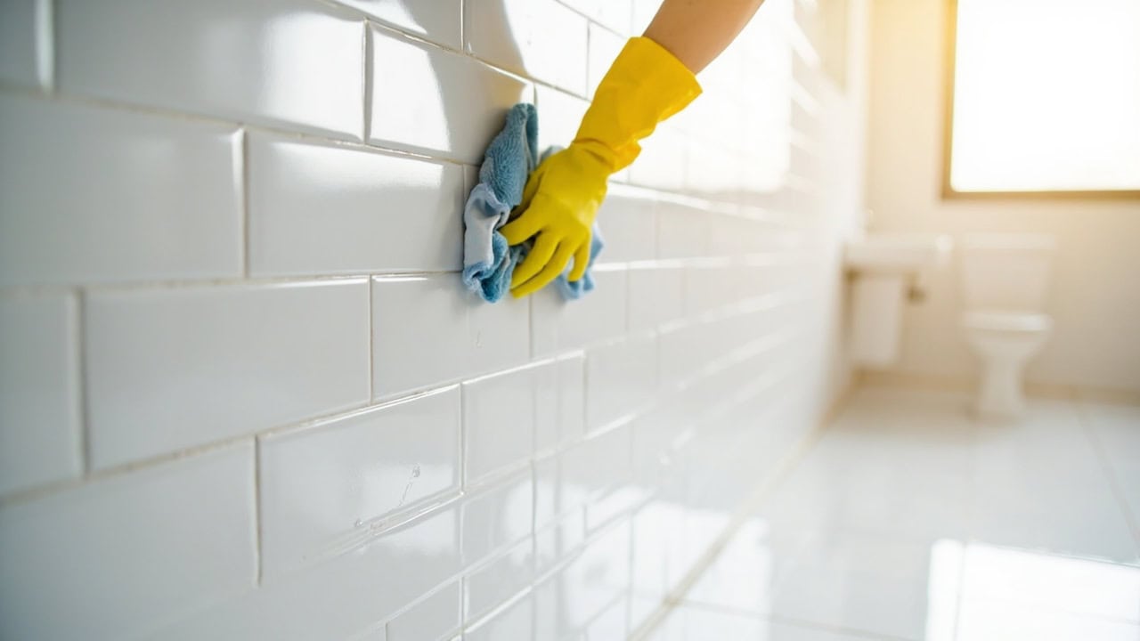 "Person cleaning white bathroom wall tiles with microfiber cloth, showing clean grout lines and gleaming tiled surface"
