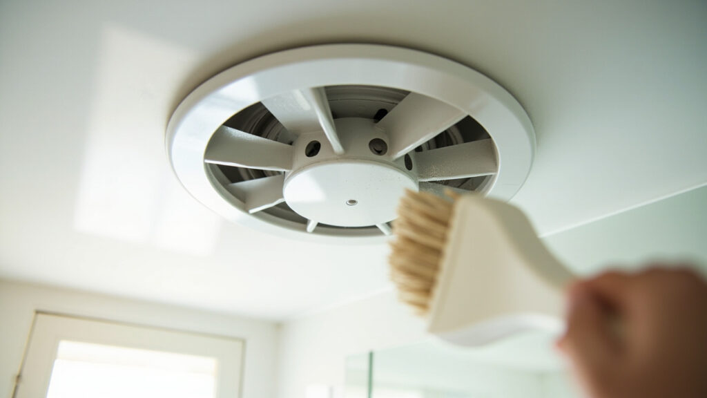 Bathroom ventilation fan grille being cleaned with a soft brush to remove dust and debris