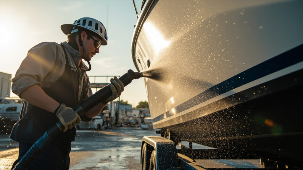"Marine detailer pressure washing boat hull to remove algae and salt deposits from waterline"