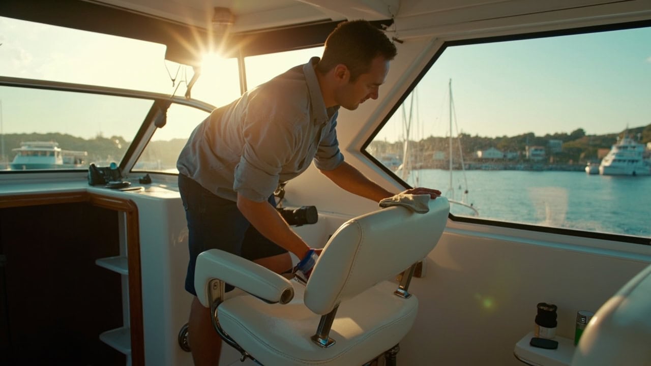 Person cleaning vinyl boat interior seat with microfiber cloth and marine cleaner in cabin setting