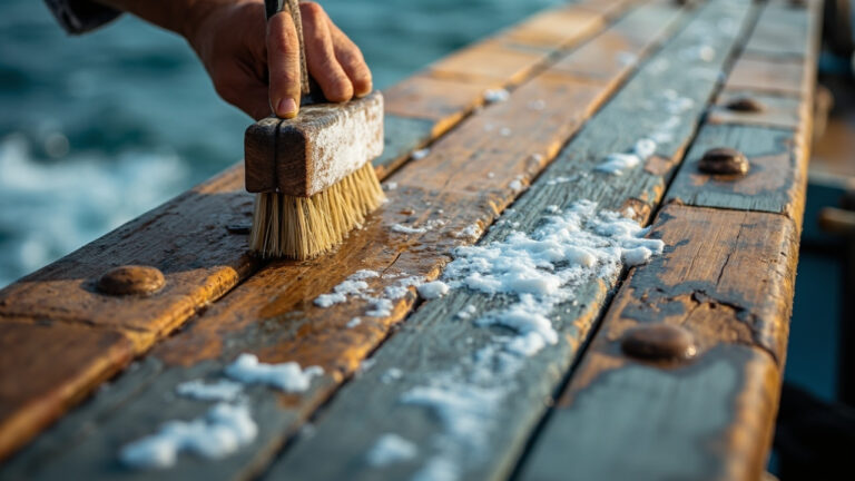 Soft-bristle brush cleaning weathered boat teak wood with pH-neutral soap, showing natural grain detail and grey patina