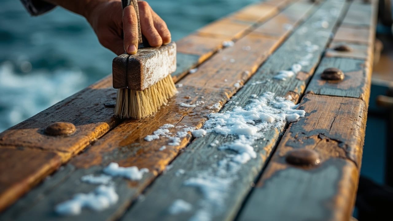 Soft-bristle brush cleaning weathered boat teak wood with pH-neutral soap, showing natural grain detail and grey patina