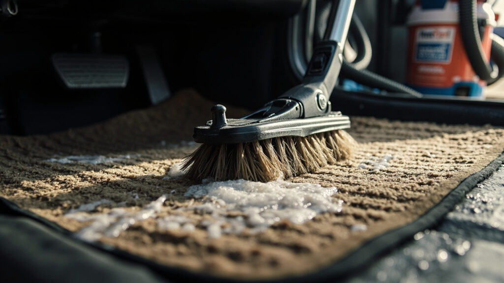 "Person scrubbing dirty car floor mat with stiff-bristle brush during deep cleaning process"