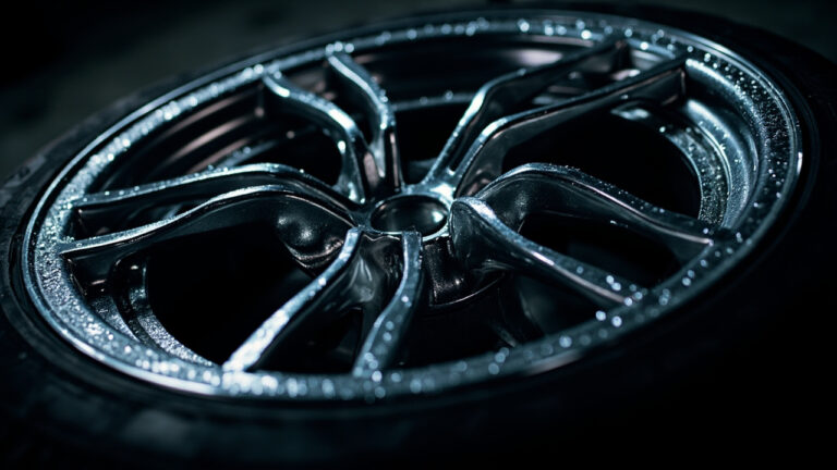 Clean chrome car rims showing reflective shine after pressure washing with water droplets on the surface