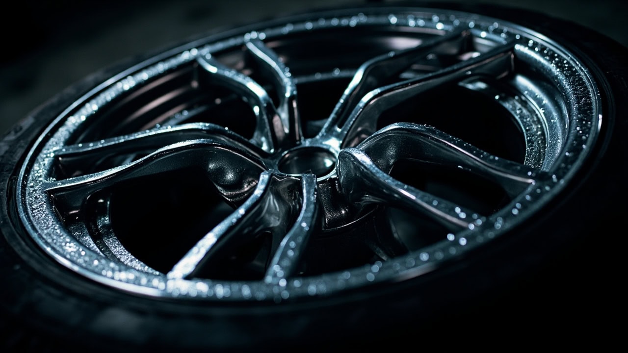 Clean chrome car rims showing reflective shine after pressure washing with water droplets on the surface