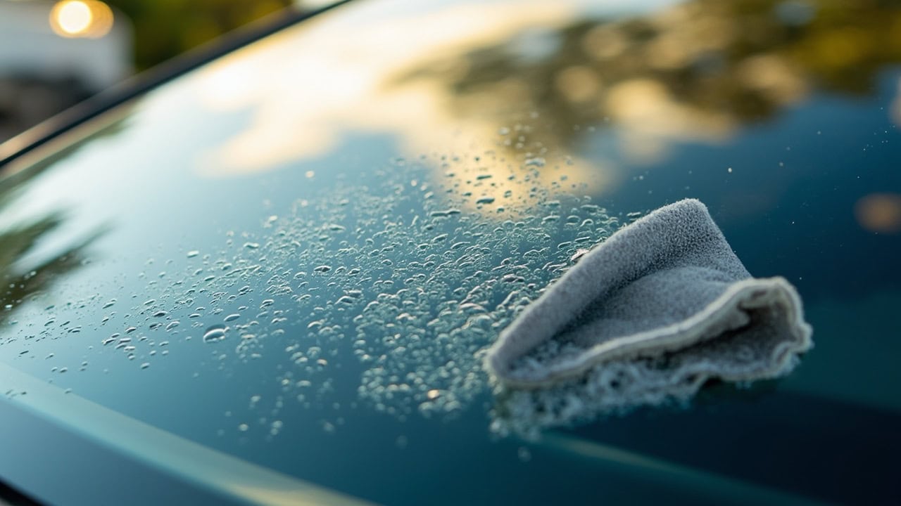 Professional detailer cleaning car windshield with microfiber cloth using vertical strokes, showing crystal-clear results
