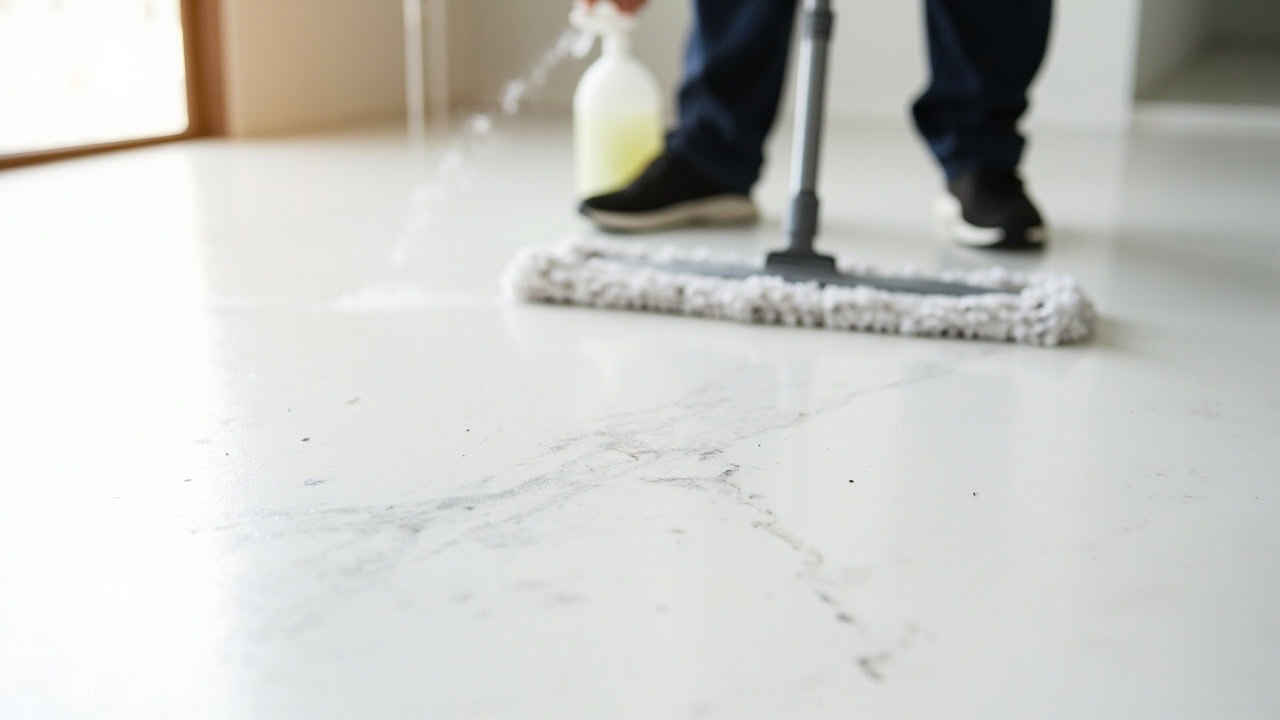 Person cleaning smooth grey indoor concrete floor with damp microfiber mop and pH-neutral cleaner