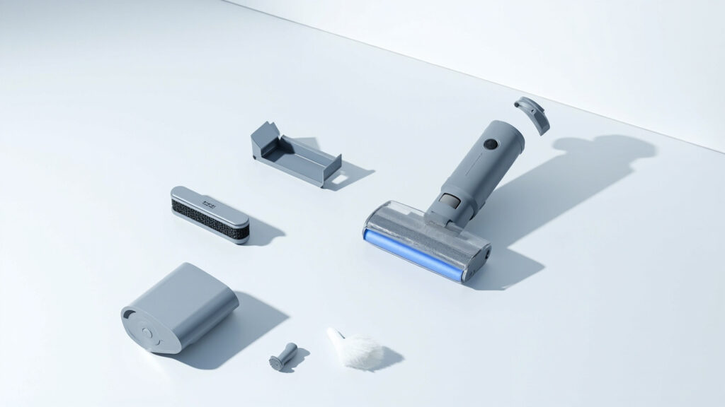 "Disassembled cordless vacuum components including battery pack, filter, and dustbin on white surface"