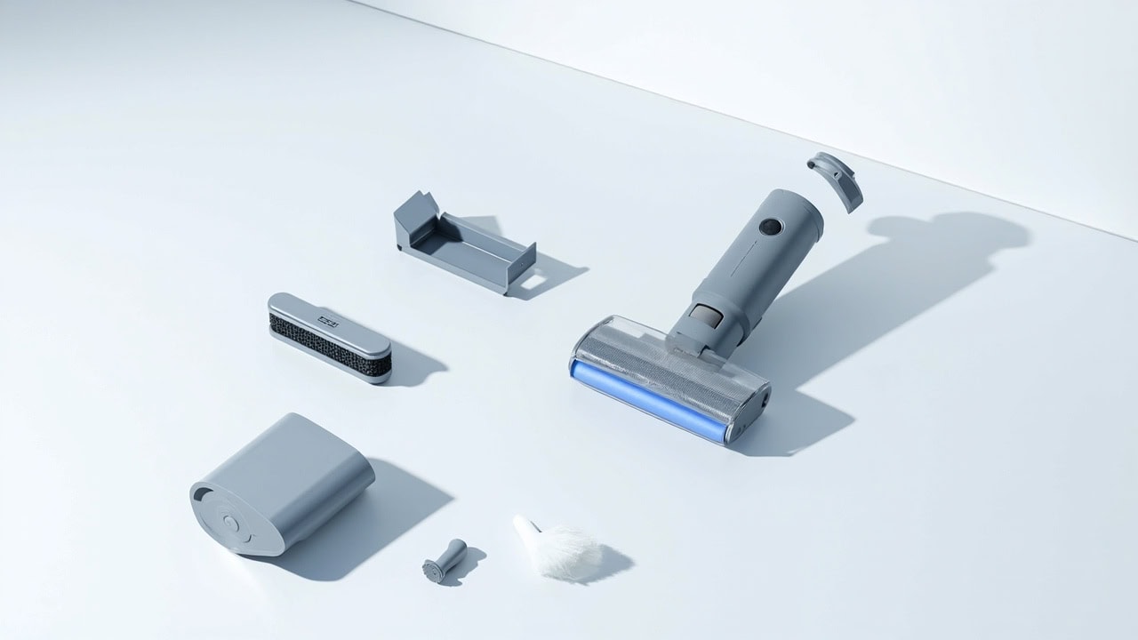 "Disassembled cordless vacuum components including battery pack, filter, and dustbin on white surface"