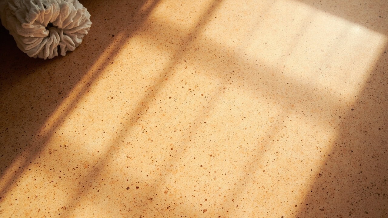Natural cork floor with honey-colored porous texture cleaned with microfiber mop in sunlit room