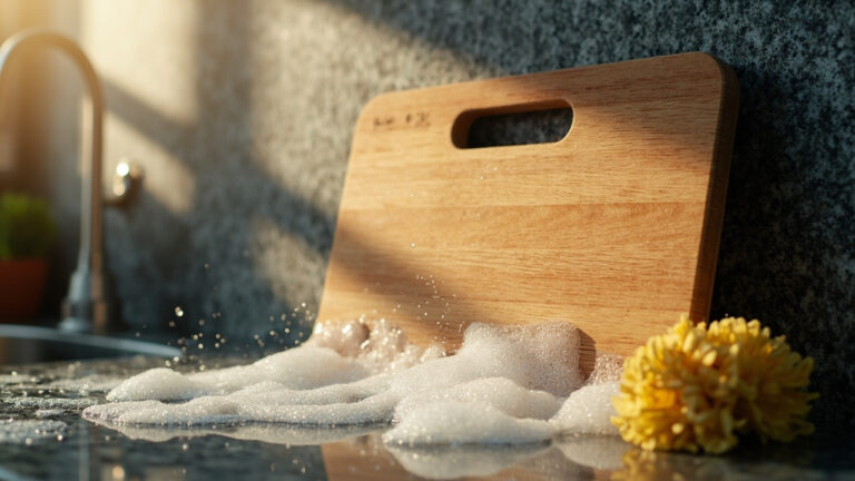 Clean wooden cutting board with warm soapy water and sponge on kitchen counter
