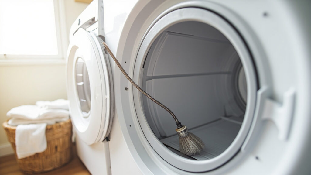 Close-up of dryer vent brush being inserted into dryer exhaust port during cleaning maintenance