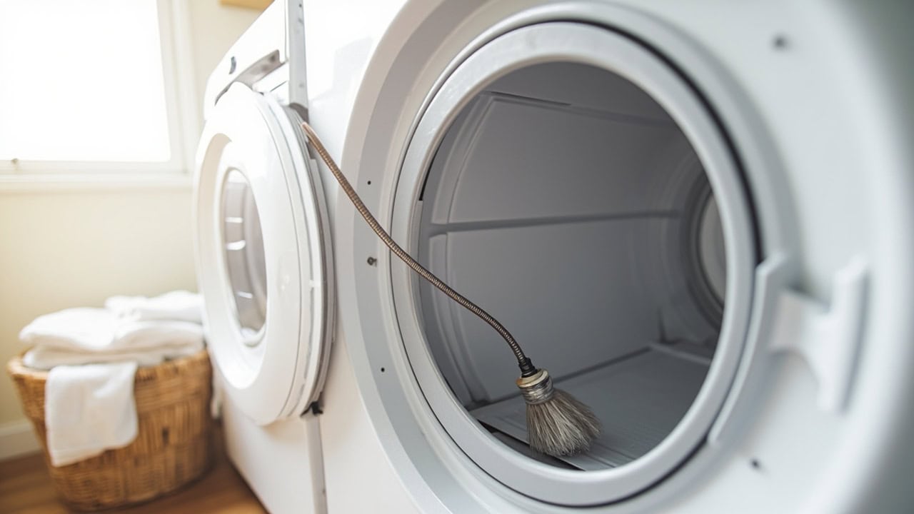 Close-up of dryer vent brush being inserted into dryer exhaust port during cleaning maintenance