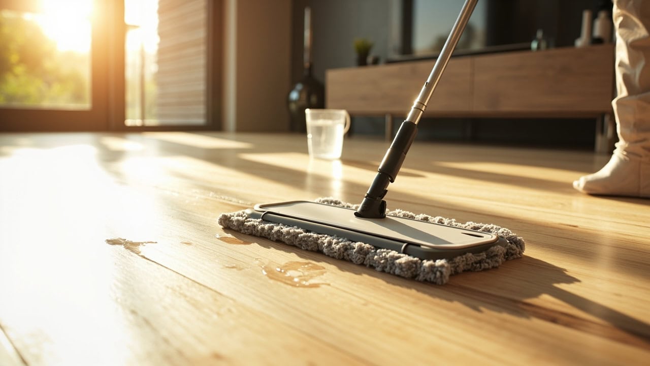 Microfiber mop cleaning light oak engineered wood floor with pH-neutral cleaner in modern living room