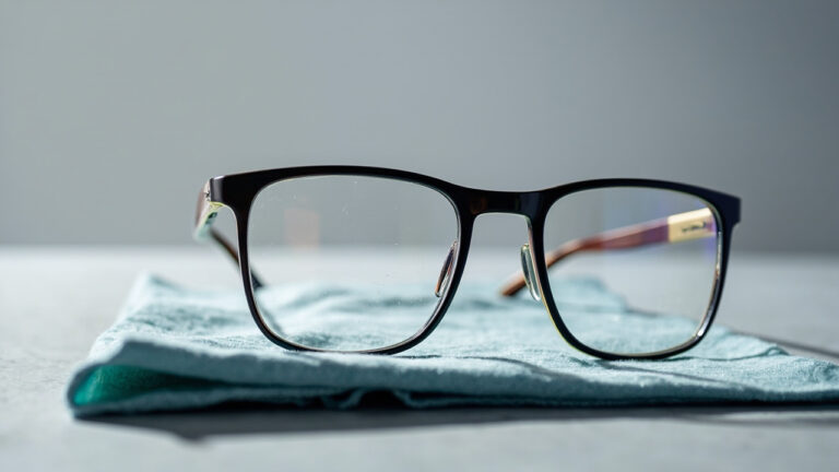 Clean eyeglasses on microfiber cloth showing crystal clear lenses with no smudges