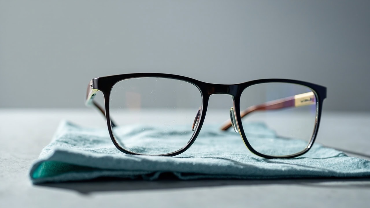 Clean eyeglasses on microfiber cloth showing crystal clear lenses with no smudges