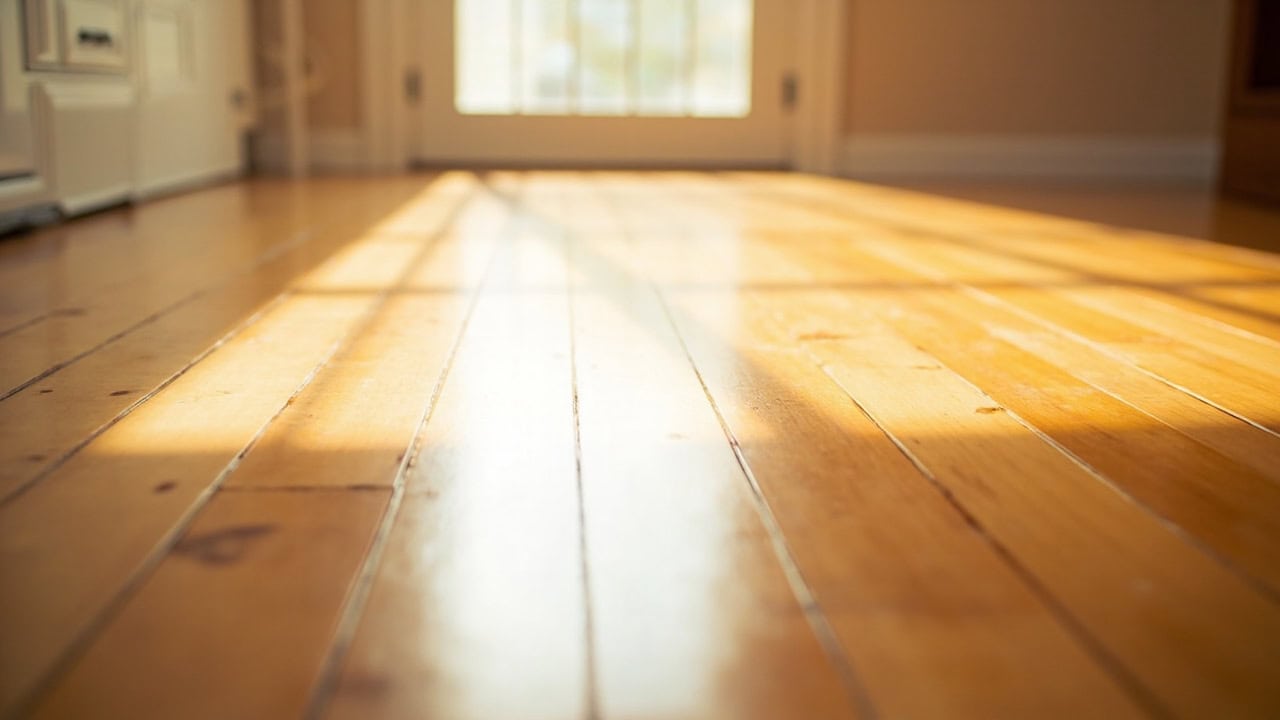 Spotless glossy hardwood floor cleaned to a streak-free shine using proper microfiber mop technique