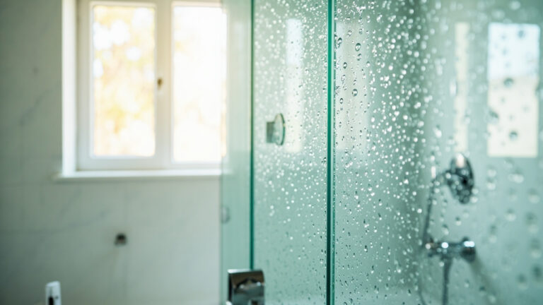 Clean glass shower door with clear transparency and water beading effect after proper cleaning
