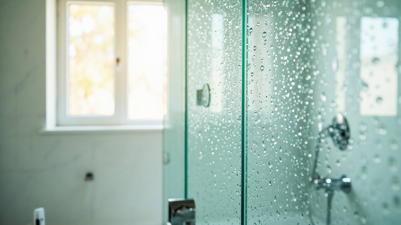 Clean glass shower door with clear transparency and water beading effect after proper cleaning