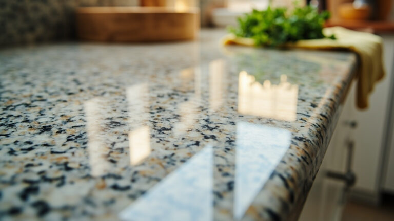 Polished black speckled granite countertop with fresh herbs and cleaning cloth in soft kitchen lighting