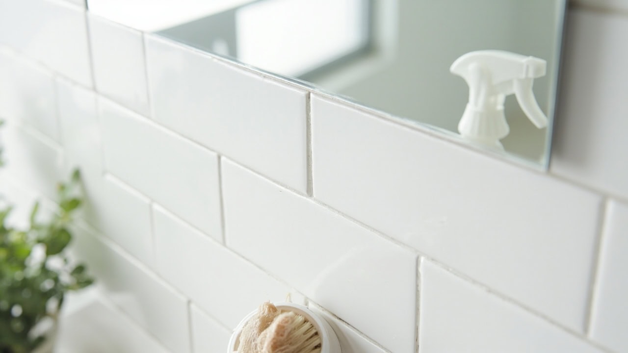 Clean white grout lines between bathroom subway tiles after professional cleaning