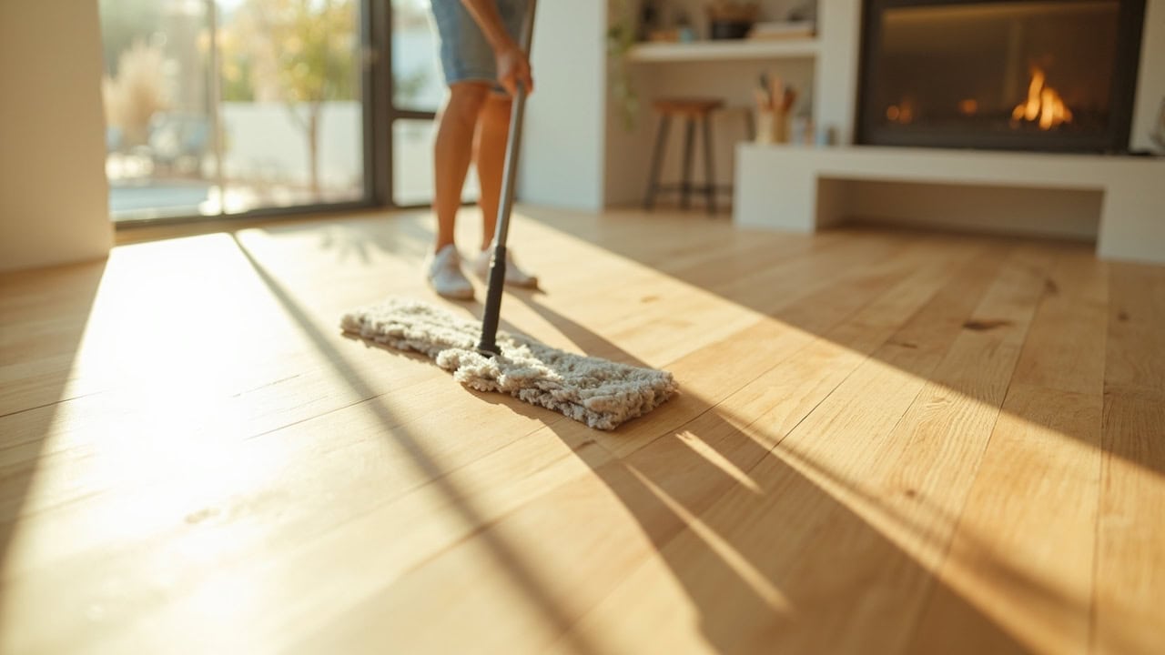 "Microfiber mop cleaning polyurethane-finished oak hardwood floor with natural light"