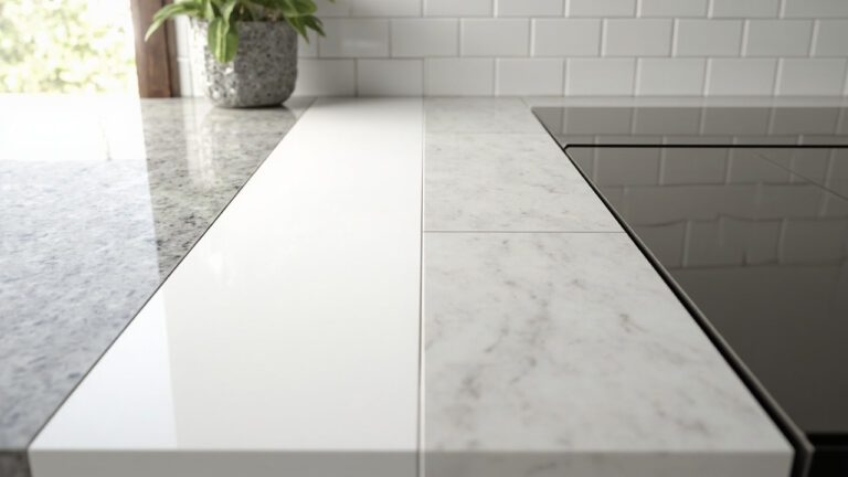 "Clean kitchen counter sections showing granite, quartz, stainless steel, and ceramic tile materials in a modern kitchen setting"