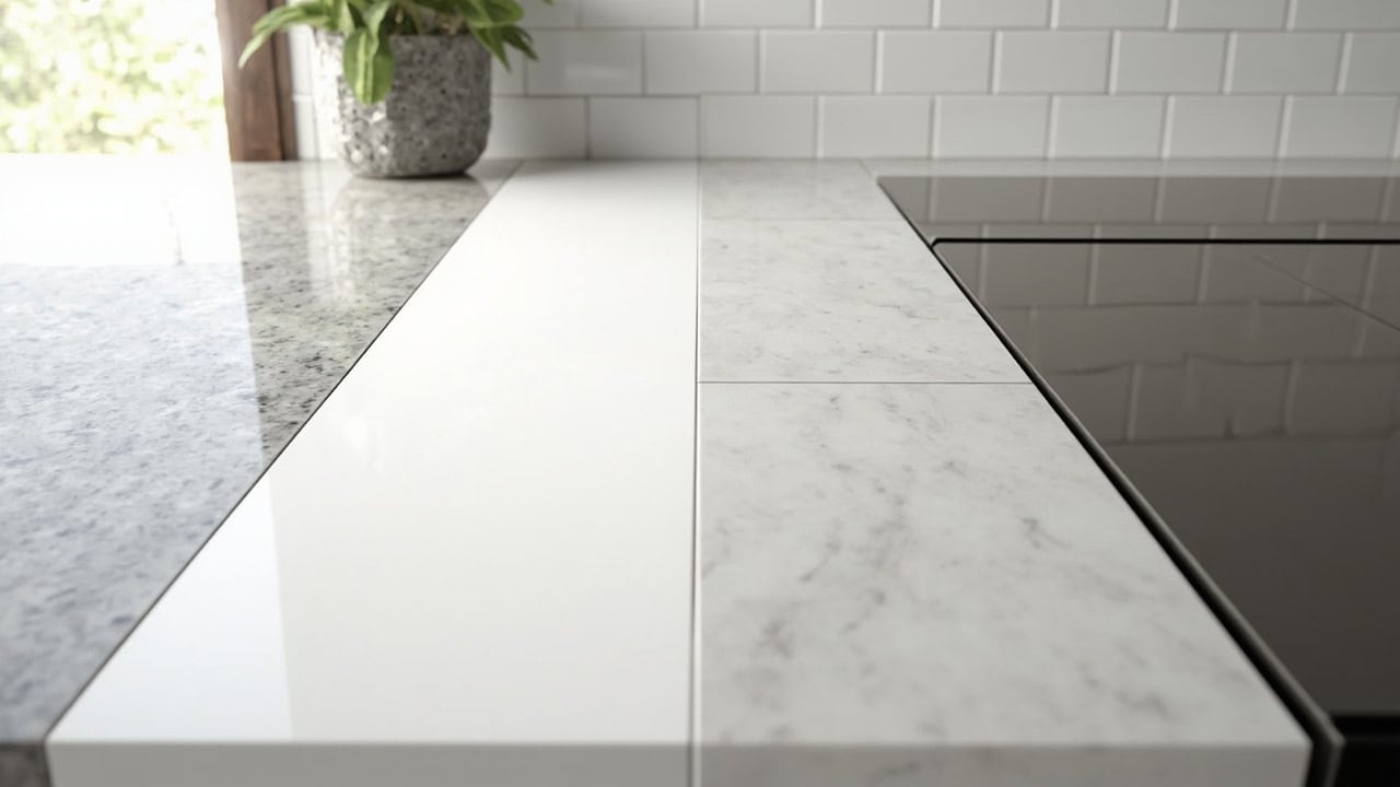 "Clean kitchen counter sections showing granite, quartz, stainless steel, and ceramic tile materials in a modern kitchen setting"