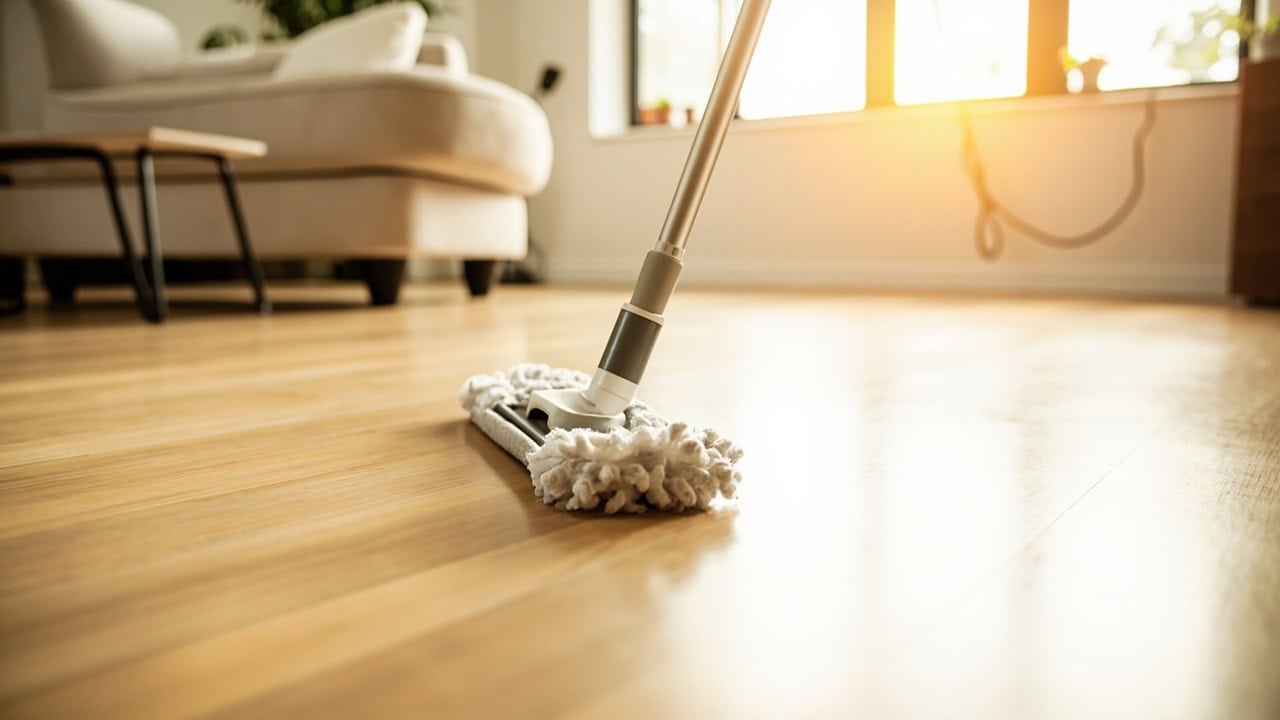"Microfiber mop cleaning light oak laminate floor with pH-neutral cleaner in bright interior space"