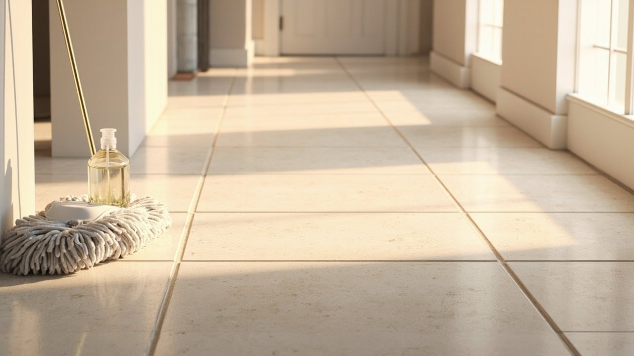 Clean limestone tile floor with gray veining in an elegant interior hallway