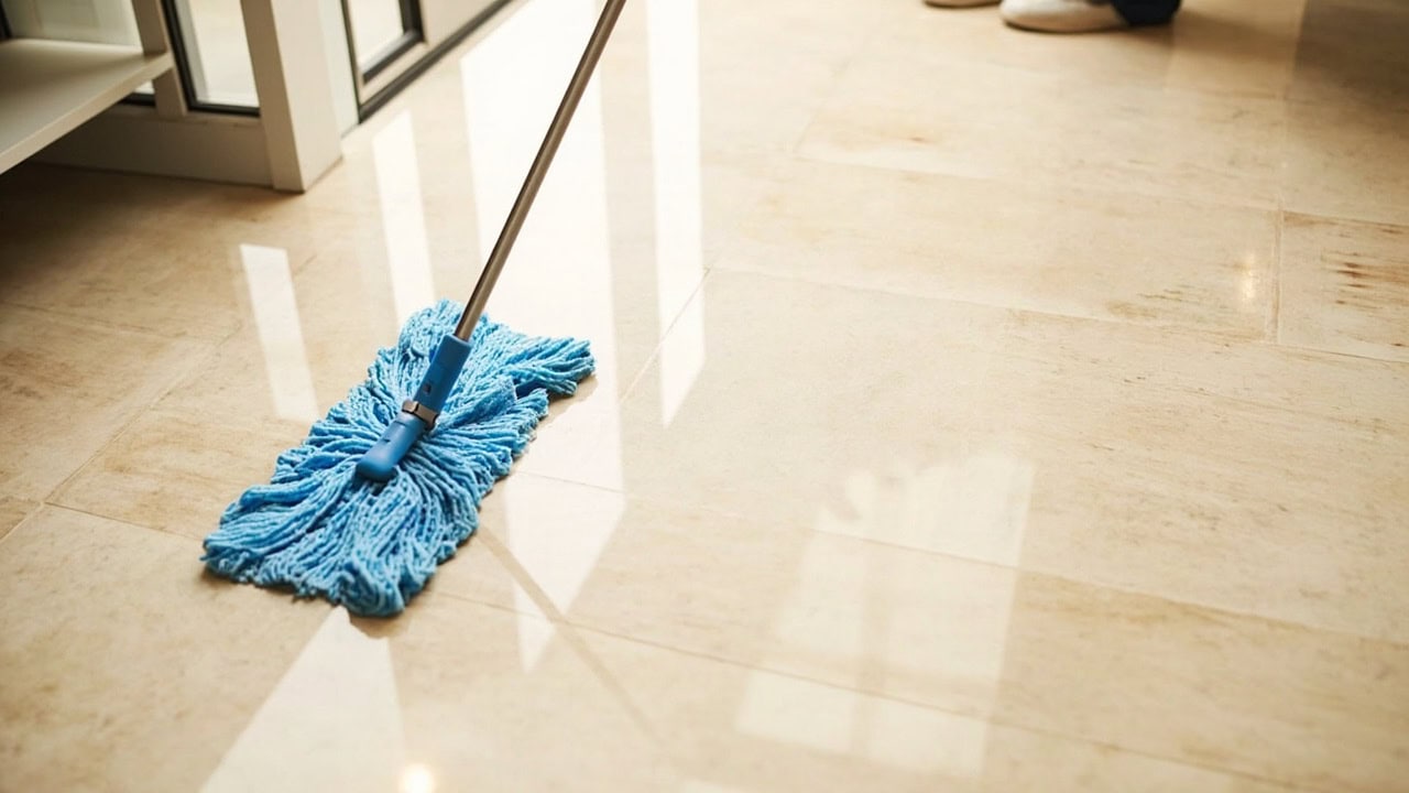 "Person cleaning linoleum floor with microfiber mop, showing before and after section"