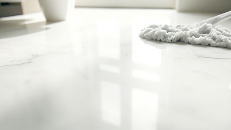 Polished white marble floor with gray veining being cleaned with a microfiber mop