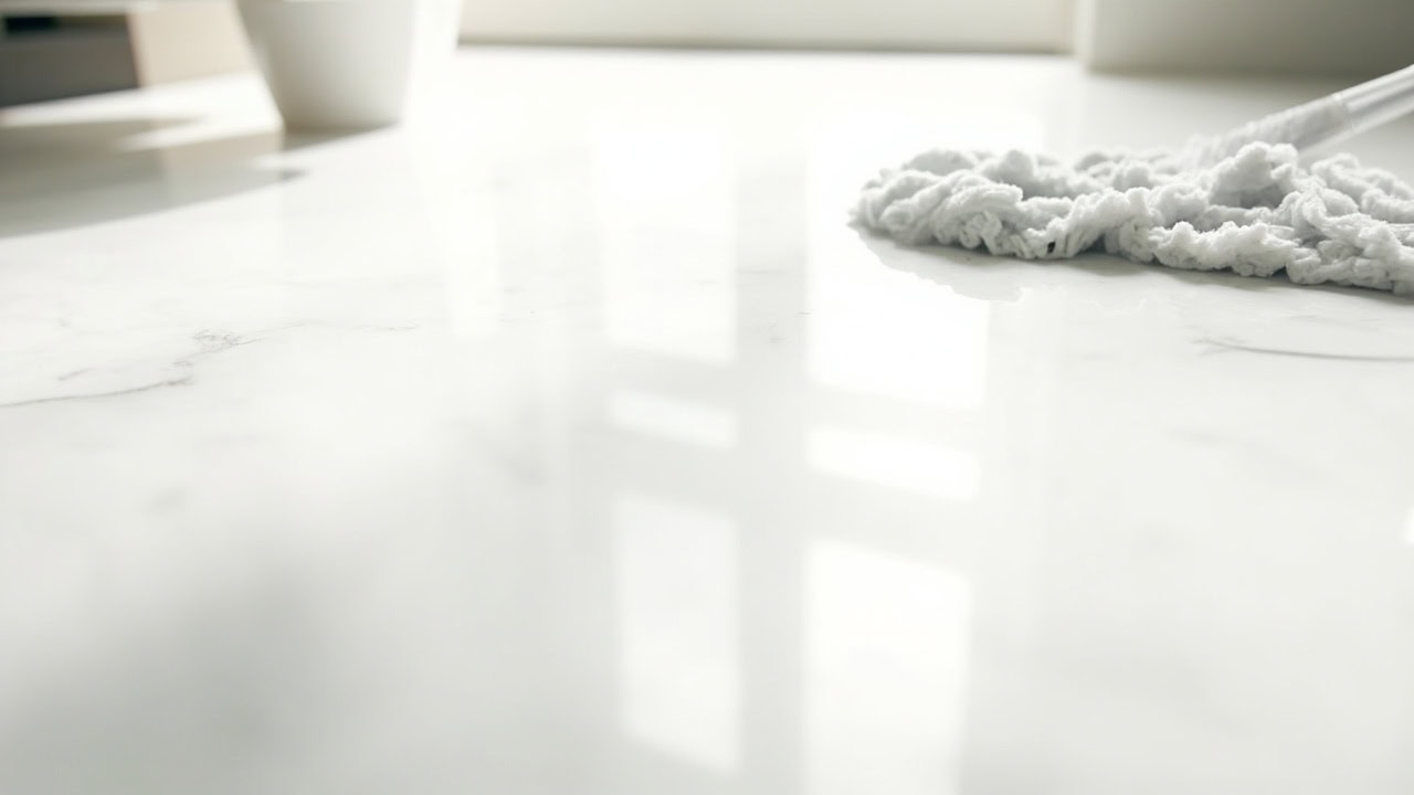 Polished white marble floor with gray veining being cleaned with a microfiber mop