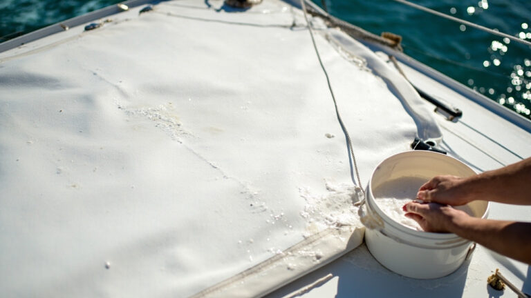 Marine canvas bimini top being cleaned with soft brush and freshwater rinse on boat deck