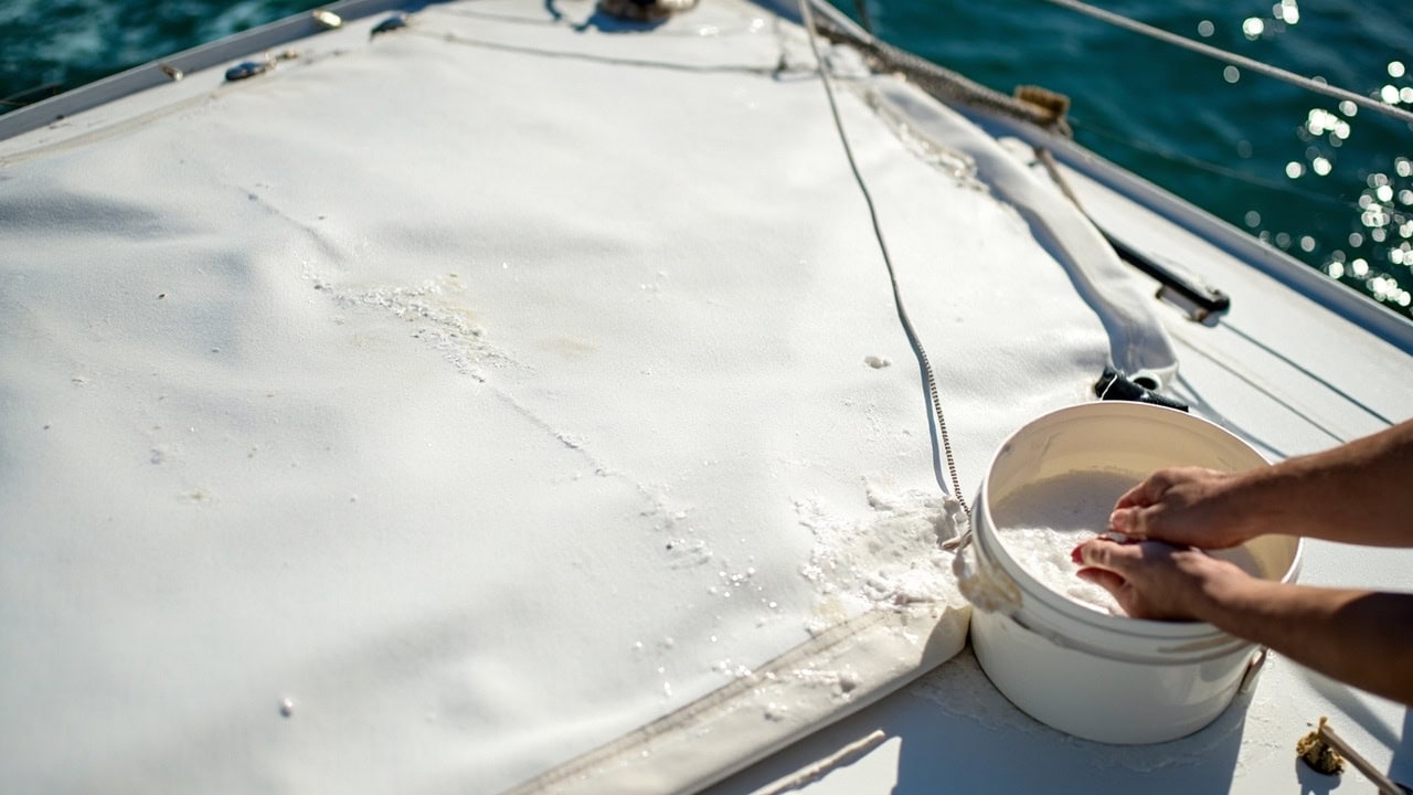Marine canvas bimini top being cleaned with soft brush and freshwater rinse on boat deck