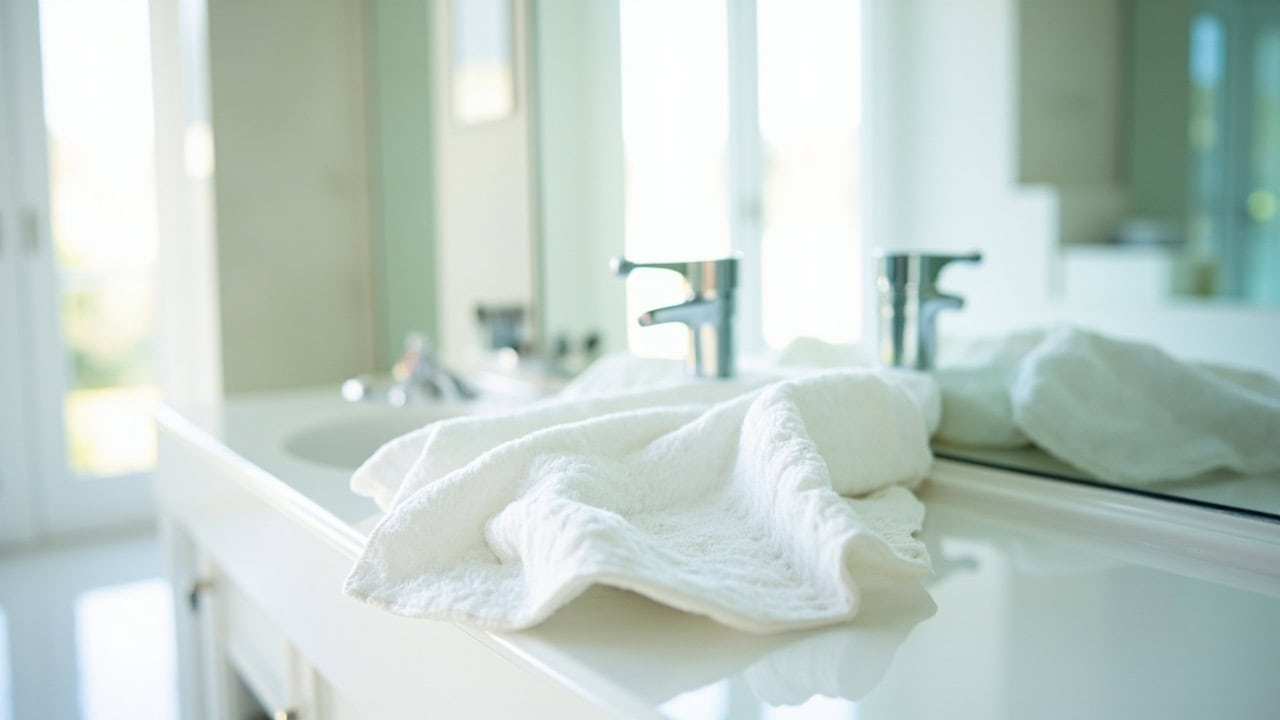 Pristine streak-free mirror in a bright bathroom, reflecting clean surroundings with no visible smudges or cleaning residue