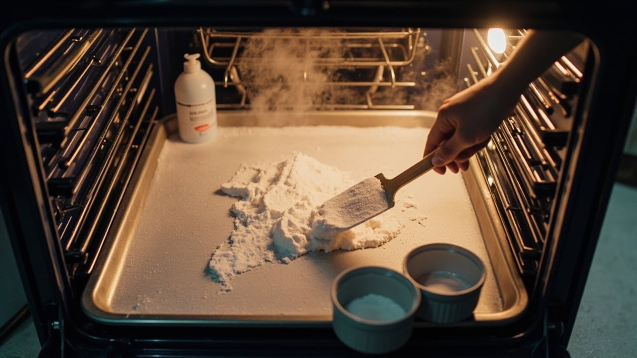 Baking soda paste applied inside a clean oven interior before scrubbing with vinegar steam