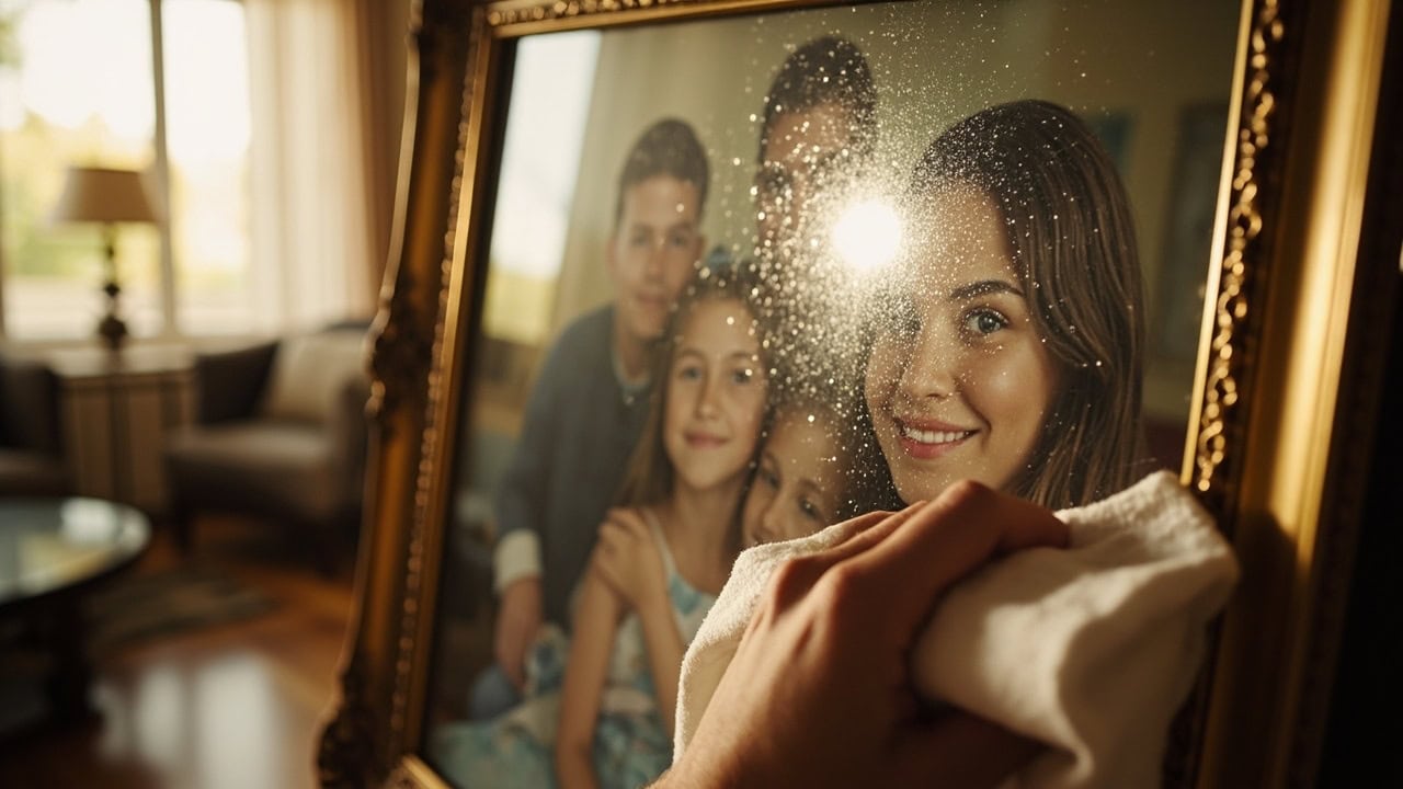 "Clean picture frame glass with microfiber cloth and vinegar solution in living room setting"