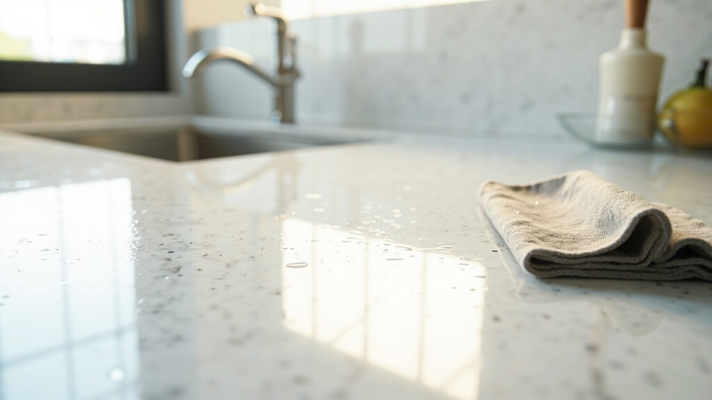 Clean white quartz countertop with speckled aggregate pattern and beading water droplets