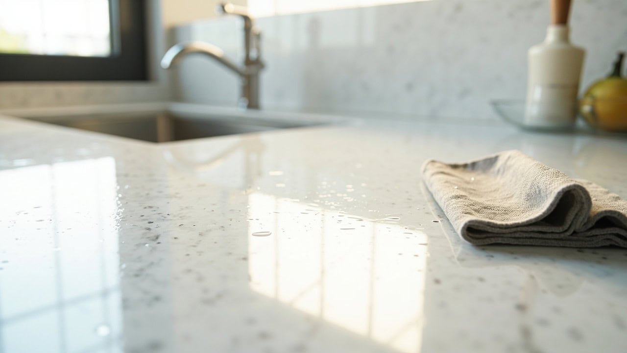 Clean white quartz countertop with speckled aggregate pattern and beading water droplets
