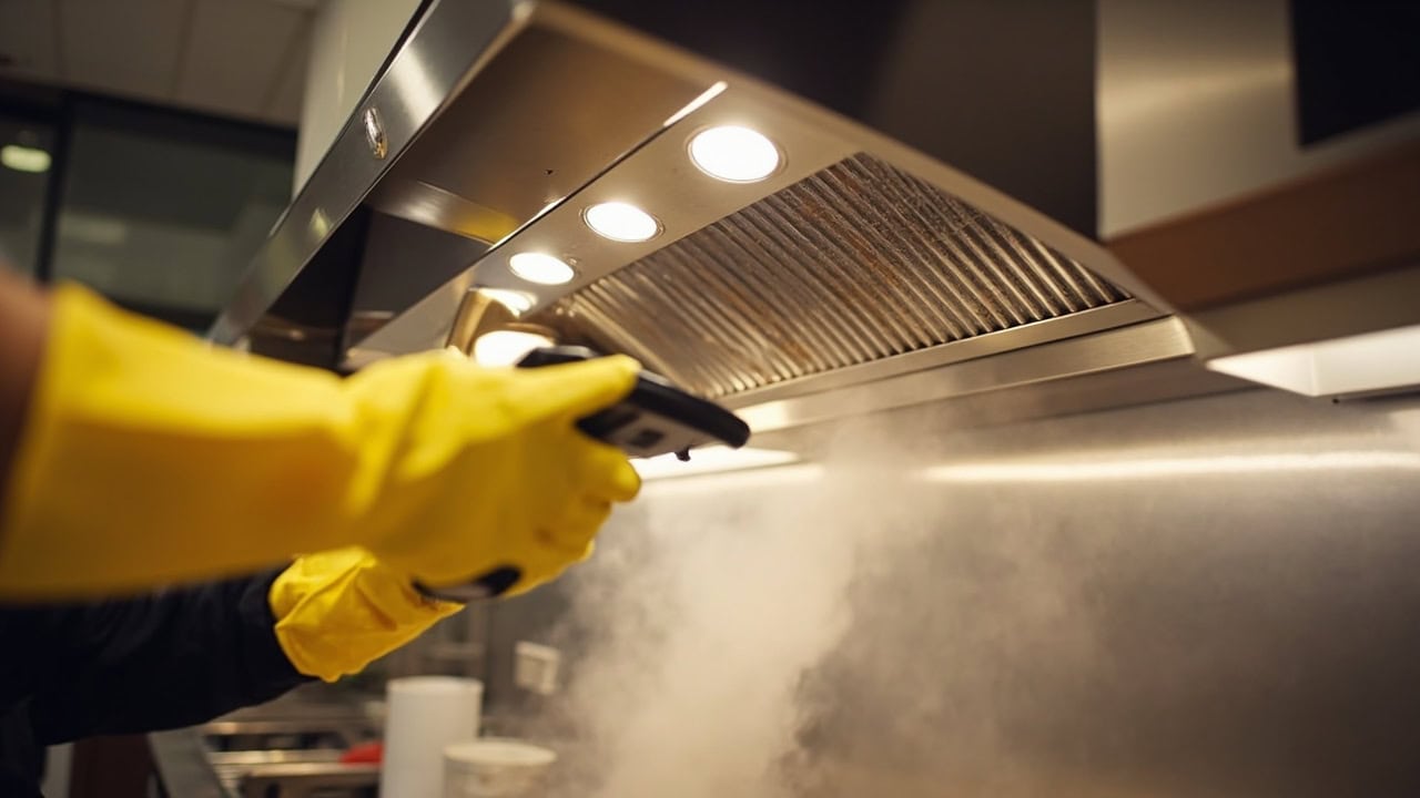 Person removing greasy range hood filter from kitchen exhaust hood above stove