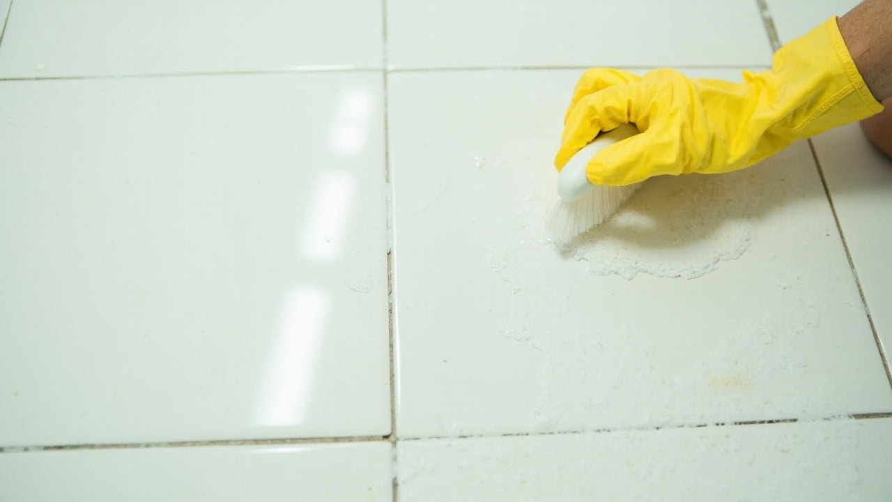 Person scrubbing shower grout lines with nylon brush and cleaning foam between white ceramic tiles