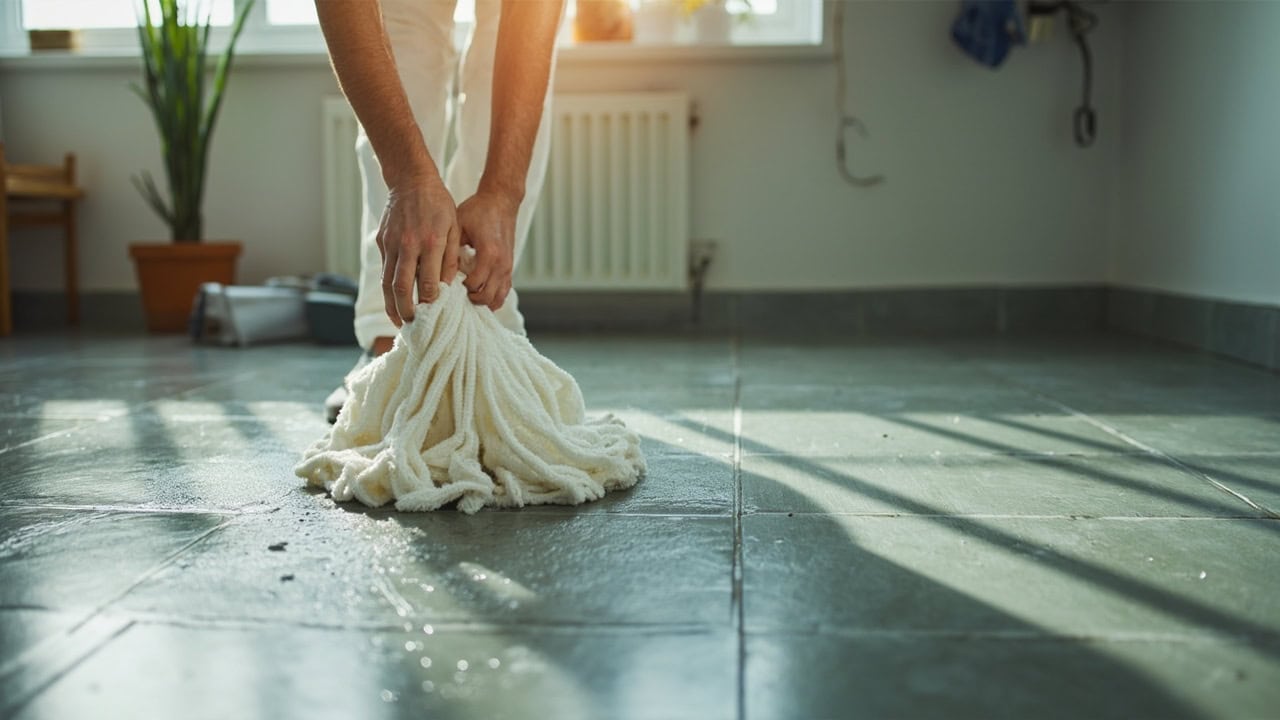 "Person wringing out microfiber mop bucket over clean grey slate tile kitchen floor"