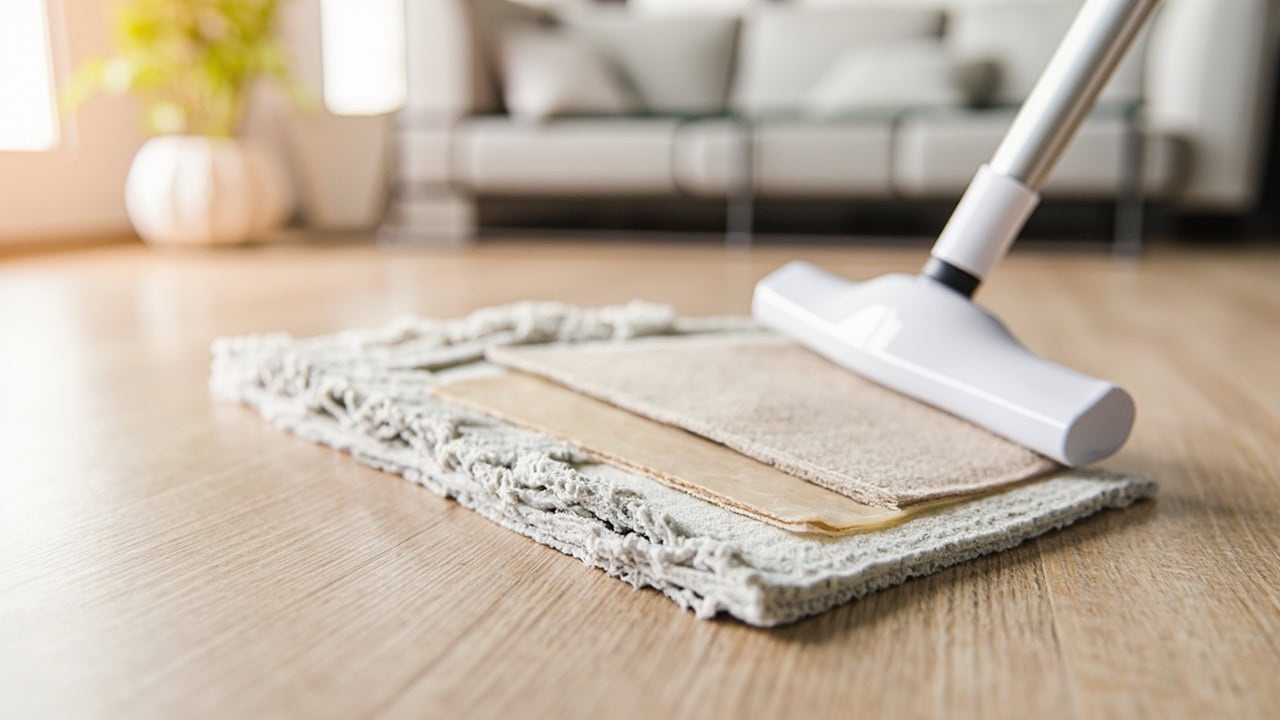 "Microfiber mop cleaning SPC vinyl plank flooring with pH-neutral cleaner in modern living room"