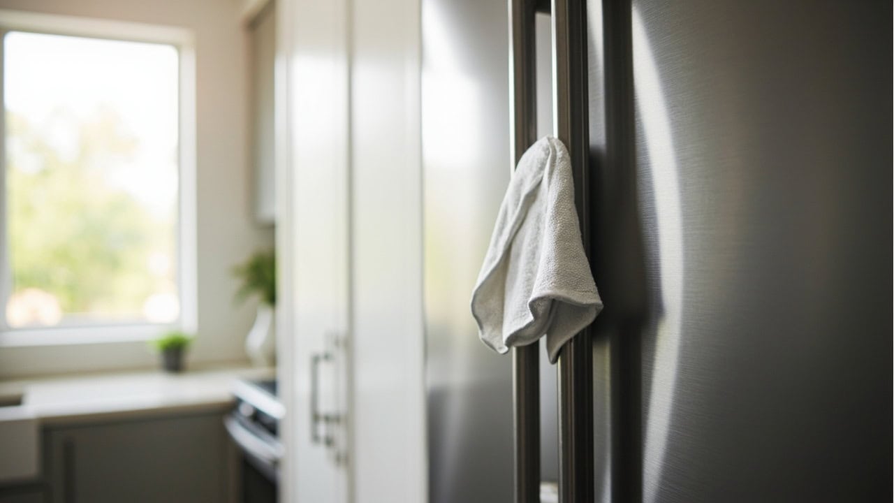 Clean stainless steel refrigerator with visible grain texture in modern kitchen lighting