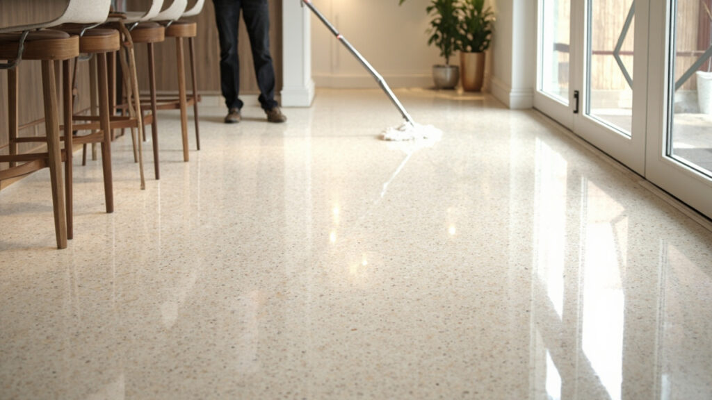 Clean polished terrazzo floor with visible marble and glass aggregate pattern in a modern interior space