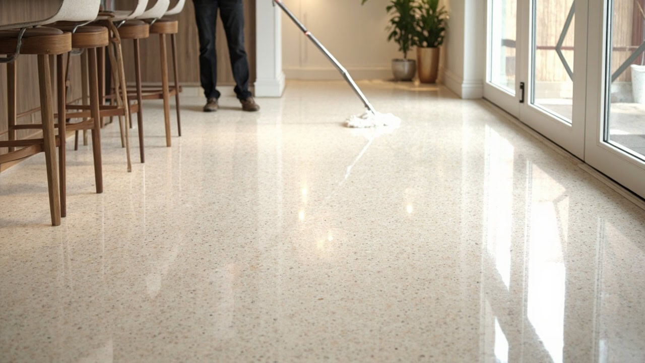 Clean polished terrazzo floor with visible marble and glass aggregate pattern in a modern interior space