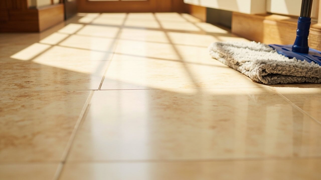 "Clean travertine floor tiles with natural pitting detail in warm beige tones"