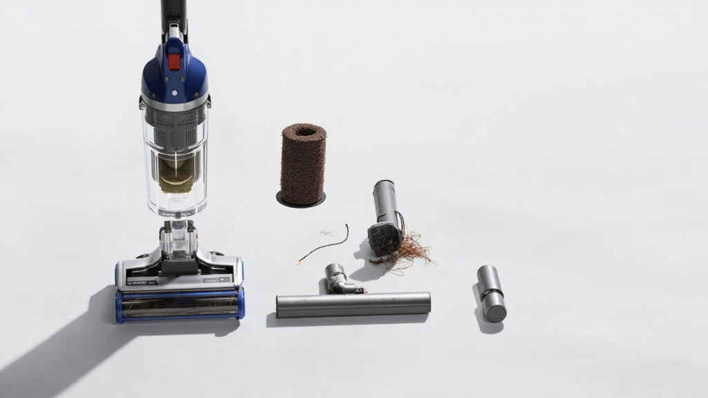 Disassembled upright vacuum parts including dustbin, filter, and brush roll laid out for cleaning
