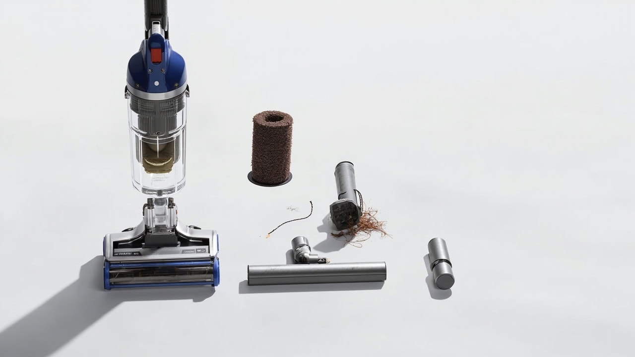 Disassembled upright vacuum parts including dustbin, filter, and brush roll laid out for cleaning